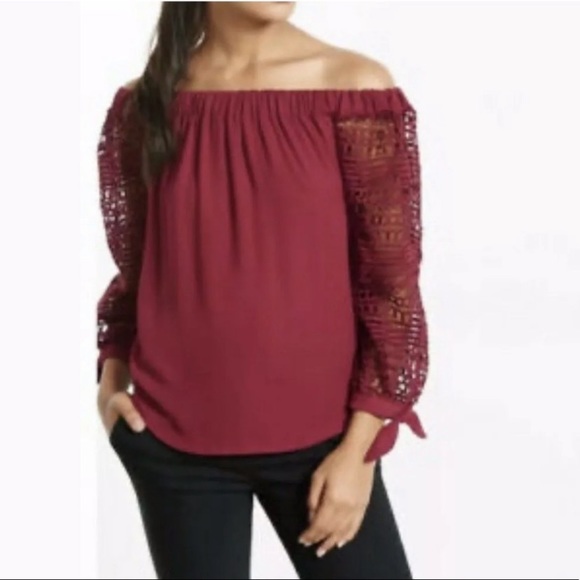 Express Tops - Express Off The Shoulder Burgundy Crochet Sleeve